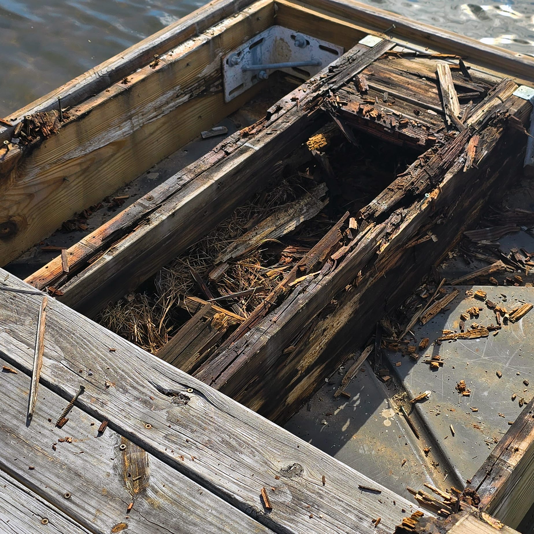 Rotted and crumbling wood joists exposed under the deck boards of a Lake Martin dock during resurfacing, with a bird's nest in the framing