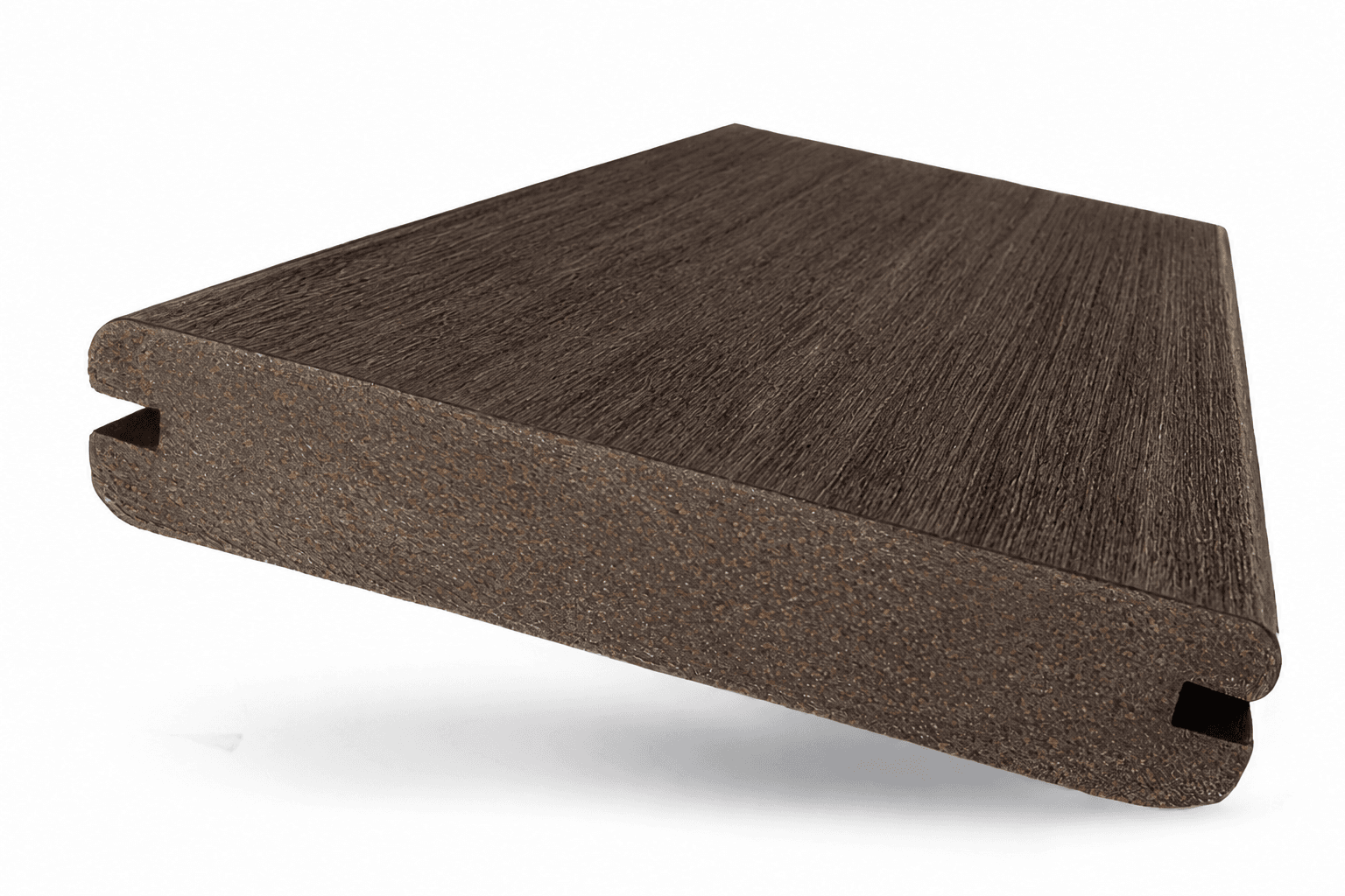 Cross-section of a capped composite deck board with grooved edges for hidden fasteners