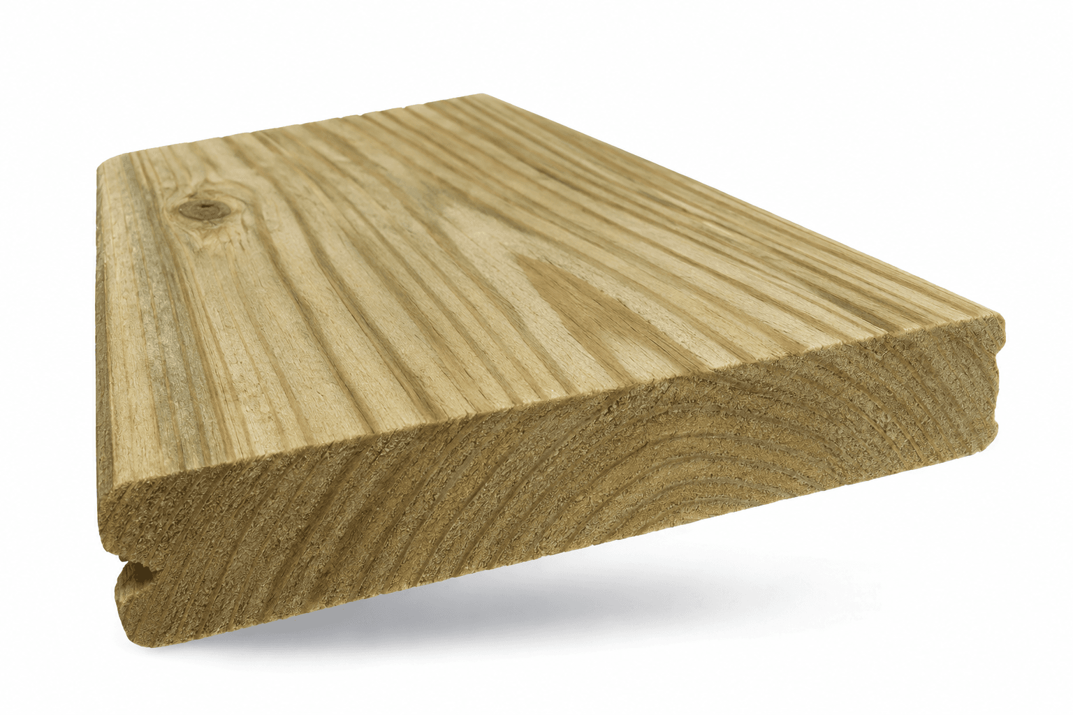 Cross-section of a pressure-treated pine deck board showing natural grain